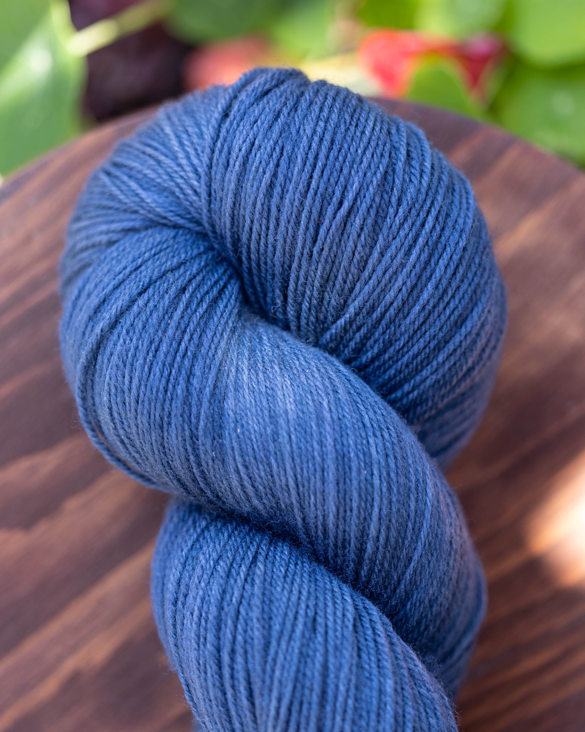 Close-up of a deep blue colored hand-dyed yarn