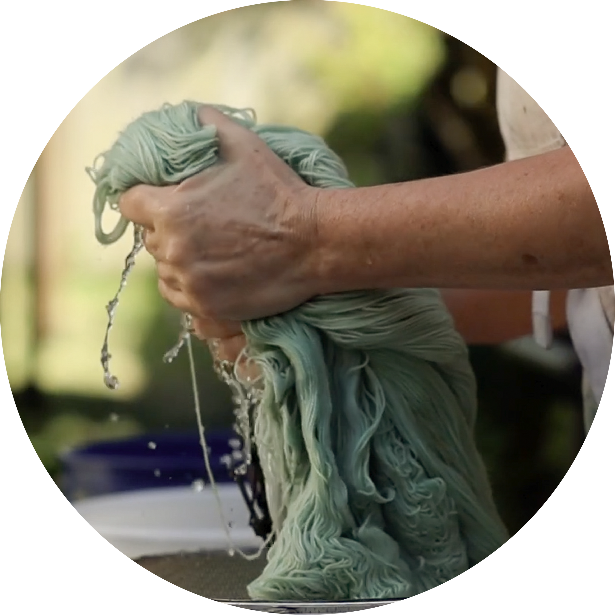 Anne, a white woman, is hand-dyeing yarn. You can see her hands wringing water from wet, green-colored yarn.